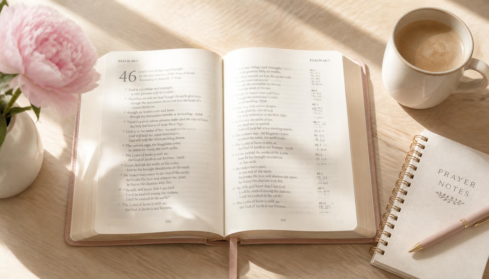 An open Bible on Psalm 46 resting on a light wooden table with coffee, a prayer journal and a pink peony