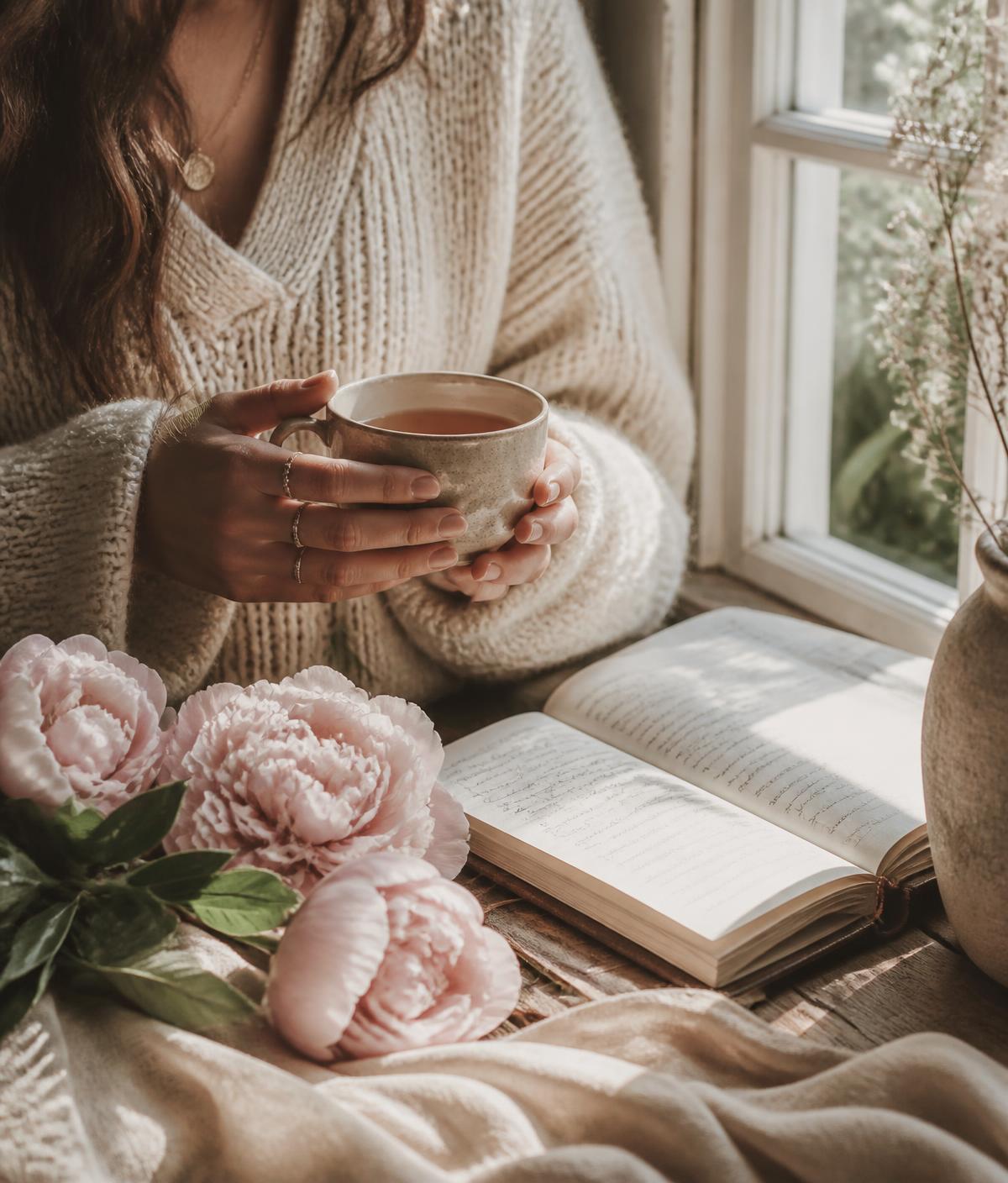 Woman in a cream jumper holding a cup of tea by a window, with an open notebook and pink peonies